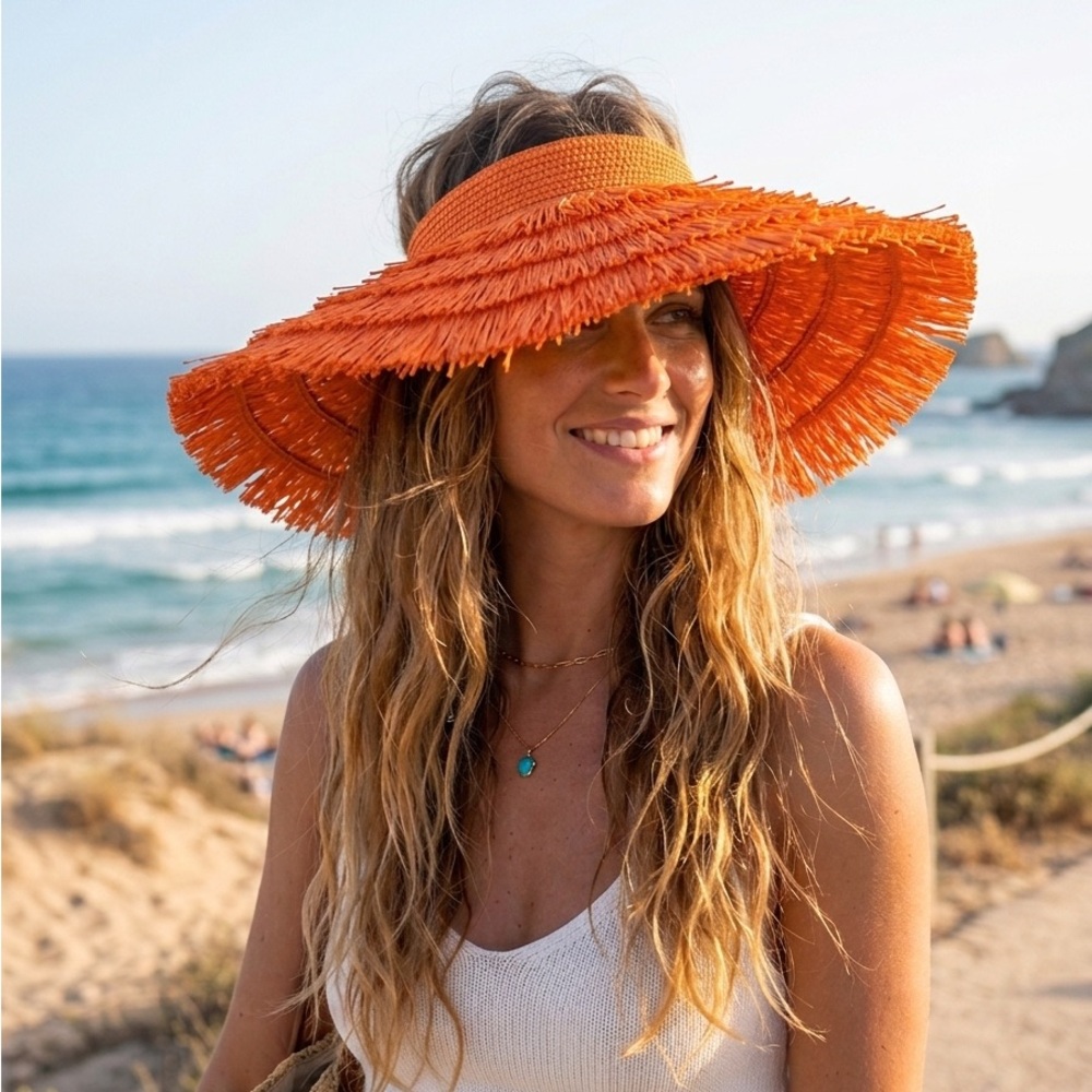 Wide Brim Fringe Sun Visor Hat - Orange